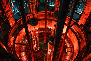 Inside an operating nuclear reactor, glowing blue radiation rods submerged in cooling water