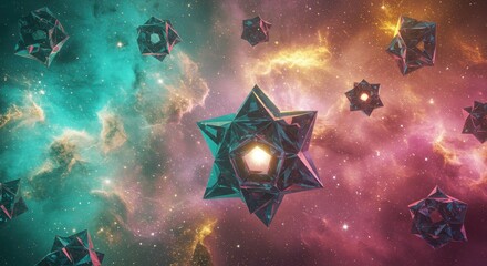 Abstract Cosmic Geometry Glowing Crystal Stars in Nebula