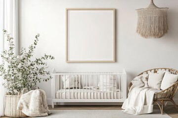 Minimalist Nursery Interior White Crib and Wicker Rocking Chair with Empty Frame