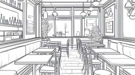 Interior design of a cafe, sketch, empty tables,  modern cafe,  European style,  dining area, background city street, stock photo