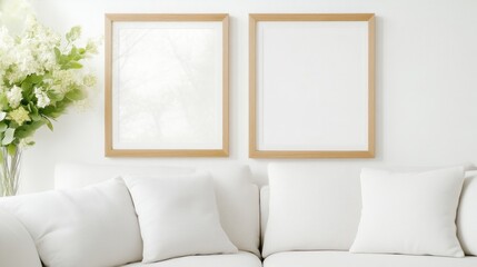 Empty frames on white wall,  cozy living room