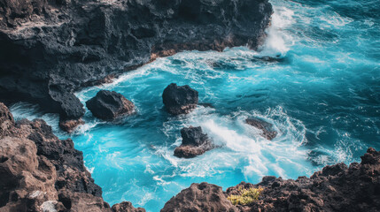 Fototapeta premium Breathtaking Turquoise Waters Against Dramatic Rocky Coastline Featuring Waves and Natural Beauty in a Serene Ocean Landscape