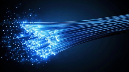 Obraz premium Abstract digital artwork featuring a dark blue background with fiber optical network cables