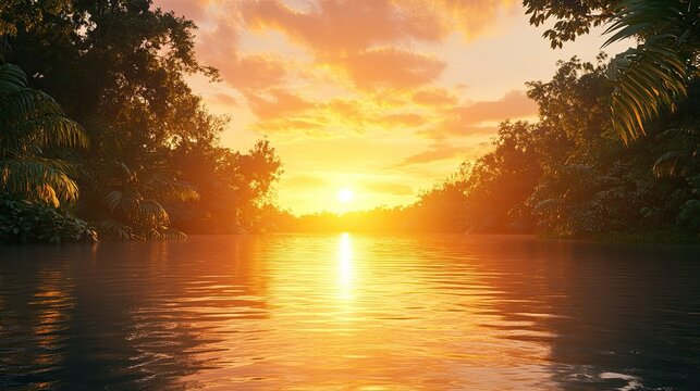 Amazon Rainforest at Sunset - Tropical River and Warm Sunset 