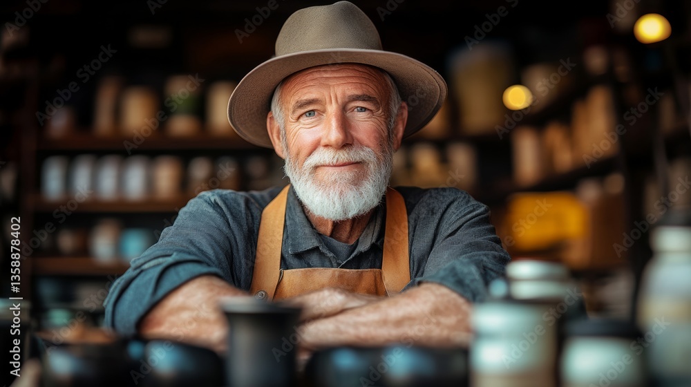 Poster a man with a hat and apron is smiling in front of a table with many cups. scene is cheerful and frie