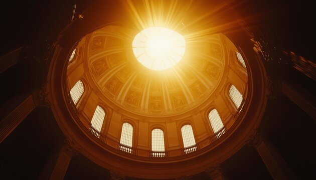 Dome interior with sun shining for spirituality, history or religion themes