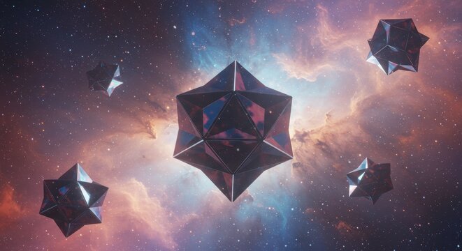 Mysterious Geometric Shapes Floating in Cosmic Nebula Space Exploration Sci Fi Artwork