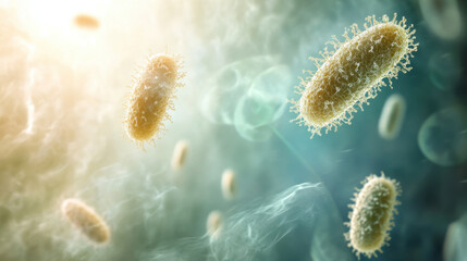 Fototapeta premium Microscopic View of Bacteria in an Abstract Environment, Highlighting the Intricate Structures and Shapes of Microorganisms in a Colorful Background with Light Effects