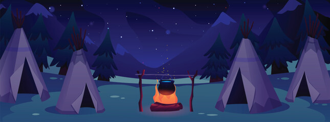Native American teepees village in the night flat vector illustration, cartoon Indian wigwam and burning fire with pot © sabelskaya
