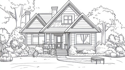 House drawing, suburban home, sketch, landscaping,  for design, marketing