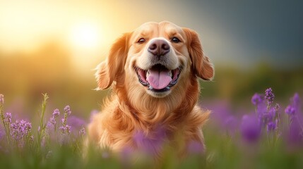 A happy dog is sitting in a field of purple flowers. The dog is smiling and has its tongue out. The scene is peaceful and serene, with the dog enjoying the beauty of the flowers