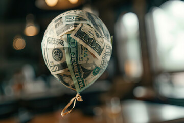 Large transparent balloon inflating with dollar bills inside, symbolizing economic inflation and instability