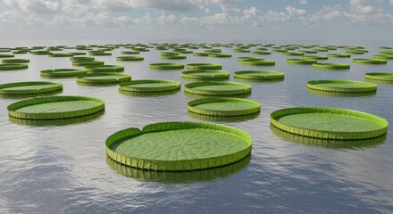 Serene Landscape of Giant Water Lilies Floating on Calm Water Under a Cloudy Sky
