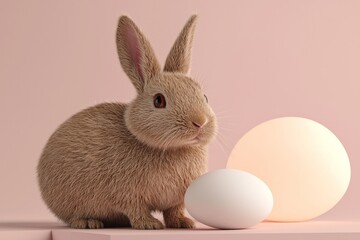 Obraz premium Realistic brown bunny on smooth beige backdrop with decorative pastel egg creating minimalist pet focused easter illustration filled with natural charm