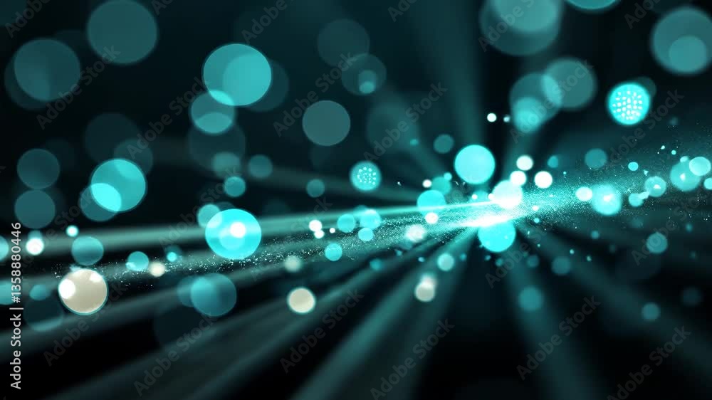 Poster abstract teal bokeh lights with radiant streaks on black background for motion graphics