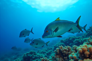 Fototapeta premium Fish swim over coral reef underwater with blue sky above