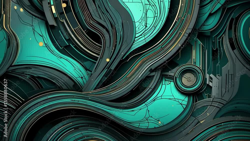 Aufkleber abstract teal gold circuit board pattern with dynamic shapes and modern digital art