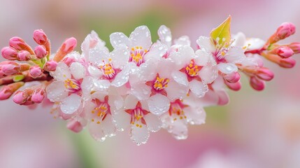 Fototapeta premium Delicate Dew-Kissed Cherry Blossoms in Spring