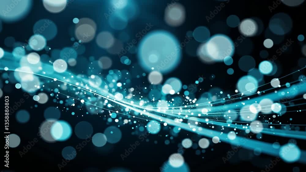 Poster abstract teal light streaks and bokeh on dark background for technology data visualization