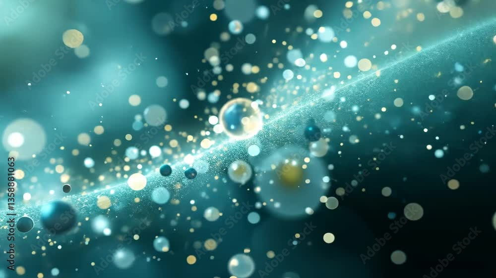 Poster abstract turquoise and gold glittering particles with bokeh effect against dark background