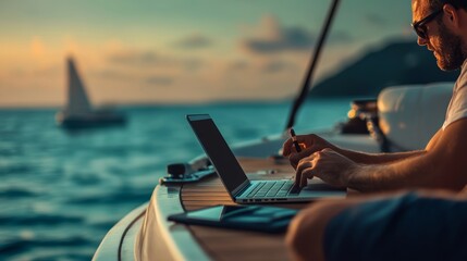 A man is sitting on a boat with a laptop open in front of him. He is using a pen to write on a piece of paper. The scene is set on a beautiful, calm body of water with a sailboat in the background