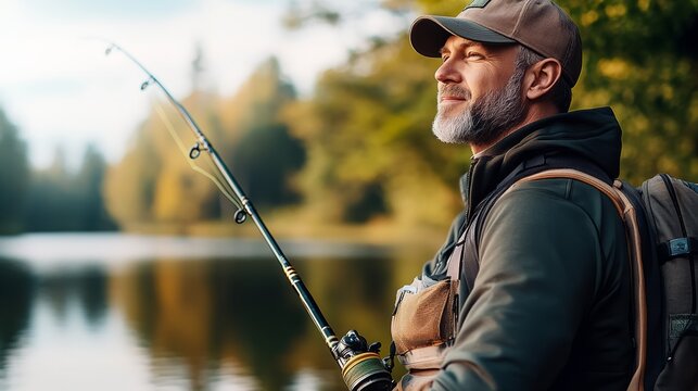 A man is fishing in a lake with a green fishing pole. He is wearing a hat and a backpack