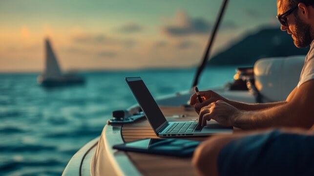 A man is sitting on a boat with a laptop open in front of him. He is using a pen to write on a piece of paper. The scene is set on a beautiful, calm body of water with a sailboat in the background
