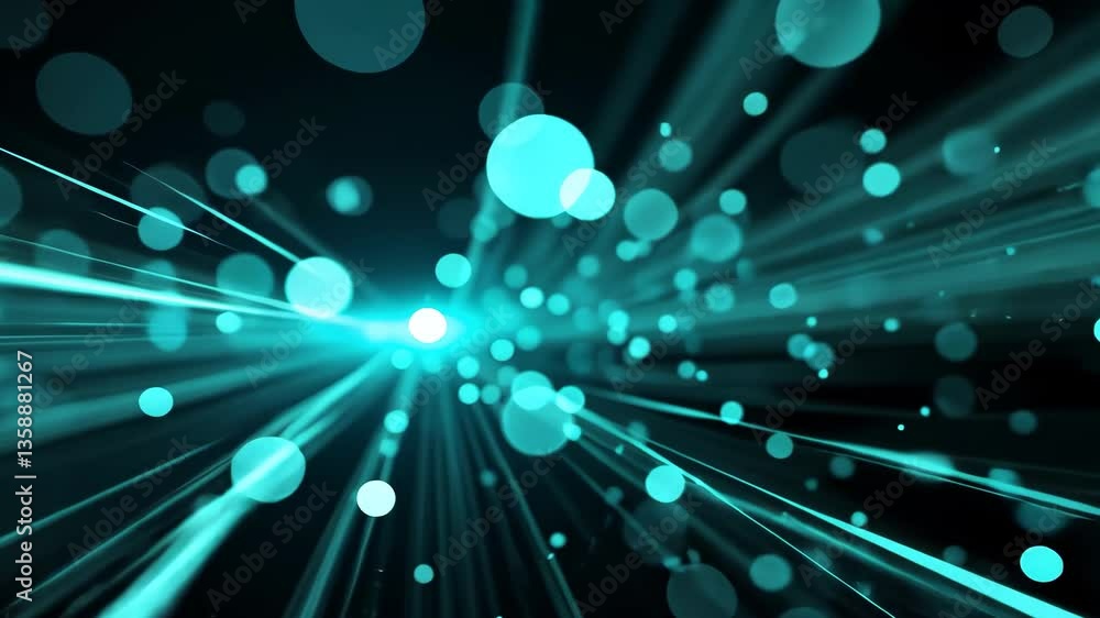 Poster abstract turquoise light beams and bokeh circles on dark background