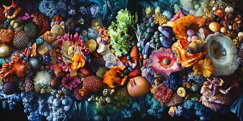 Side view of ethereal aerial foodscapes, blending Utopian dreams with culinary mastery, vibrant colors, surreal elements