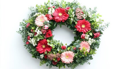 Vibrant Fresh Flower Wreath on White Background