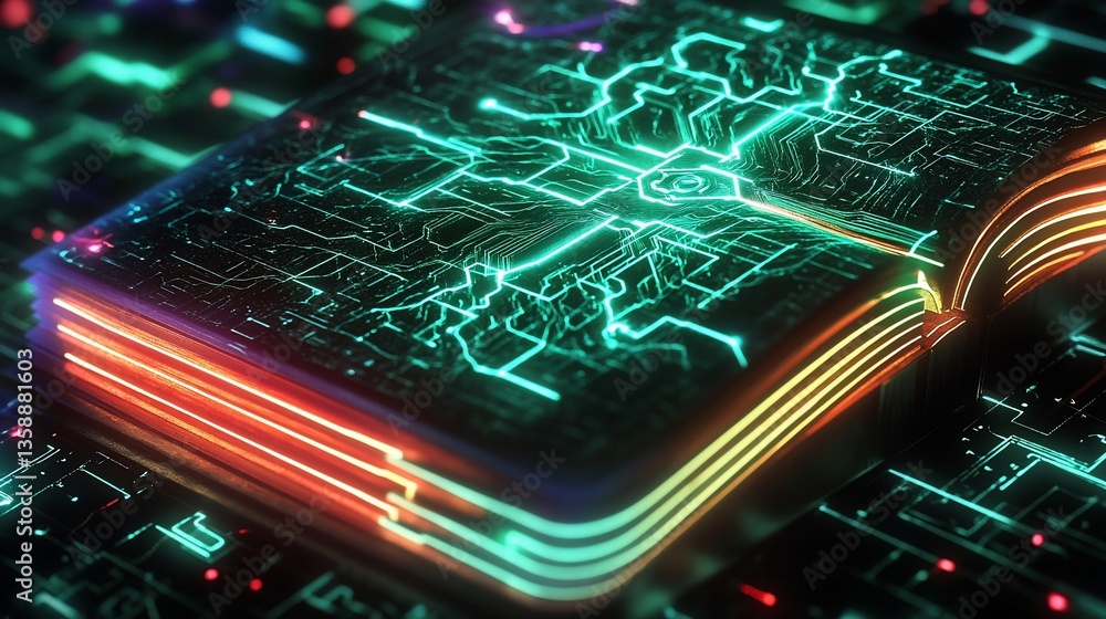 Aufkleber glowing circuit board pattern forming an open book revealing digital technology data