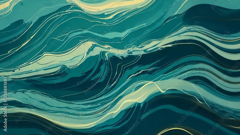 Poster abstract wavy pattern in blue and gold displaying fluid movement and textured design