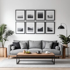Fototapeta premium Modern Living Room Interior with Grey Sofa and Black and White Wall Art