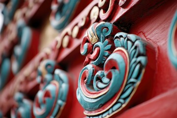 Fototapeta premium Ornate carved wooden door with red, blue, and gold accents. Crafts, texture