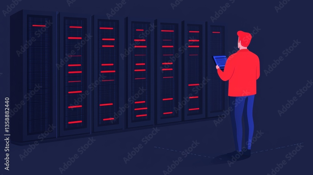 Aufkleber monitoring data servers data center digital illustration dark environment side view technology conce