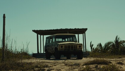 Old 4x4 parked under shelter on beach, with trees and sky in sunny weather