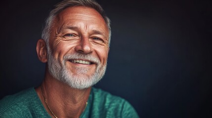 A man with a beard and gray hair is smiling. He is wearing a green shirt. Concept of happiness and contentment