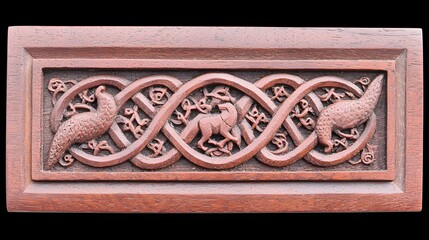 Intricate Wooden Carving Featuring Peacock, Lion And Snake Patterns With Ornate Design