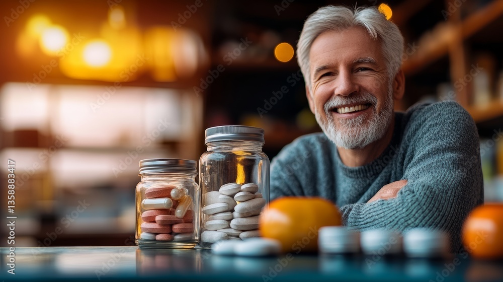 Aufkleber a man is smiling and posing with two jars of pills on a table. the jars are filled with pills and th