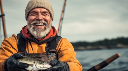 A man in a yellow jacket is smiling and holding a fish. Concept of happiness and enjoyment of the outdoors