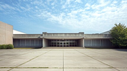 Obraz premium A minimalist American school design with flat roofing, smooth concrete walls, and an open facade with a covered entryway leading to the main building. 