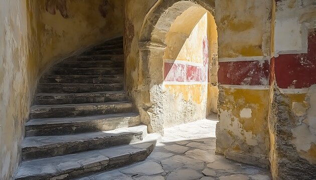 Stone stairs winding upwards inside an aged sunlit building interior