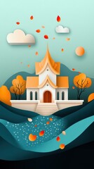 Fototapeta premium Songkran Festival. Autumnal Temple Paper Art Illustration