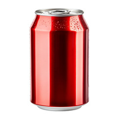 Red aluminum soda can with condensation droplets,