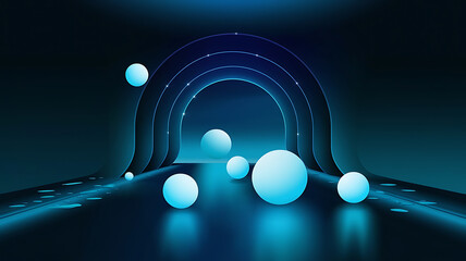 Abstract futuristic archway scene with glowing light blue spheres