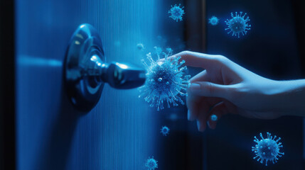 Human Touching Door Handle Surrounded by Floating Virus Particles in an Abstract Concept of Contamination and Hygiene Awareness for Health and Safety Imagery