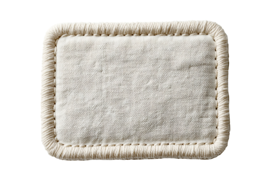 Blank off-white fabric label with a stitched border, isolated on a PNG
