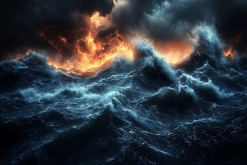 A turbulent ocean scene with dramatic waves and fiery clouds