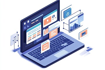A digital real estate management system on a laptop screen, showing tenant profiles, rent payments, and maintenance logs.