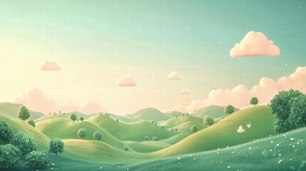 Obraz premium illustration of Summer fields landscape with a dawn,Rainbow, green grass hills, bright color blue sky, country background,banner resting vacation.